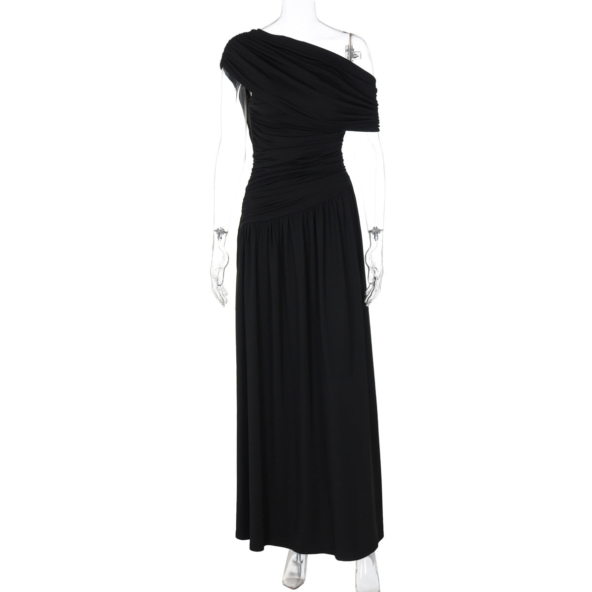 Fashion Sexy Diagonal Collar Pleated Irregular Solid Color Dress
