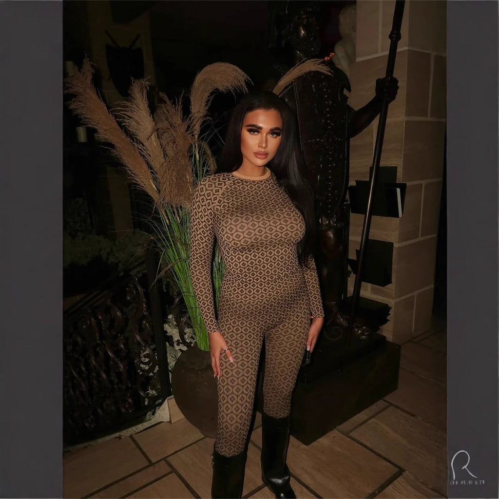 European And American Fashion Slim Elastic Printed Long-sleeved Round Neck Jumpsuit