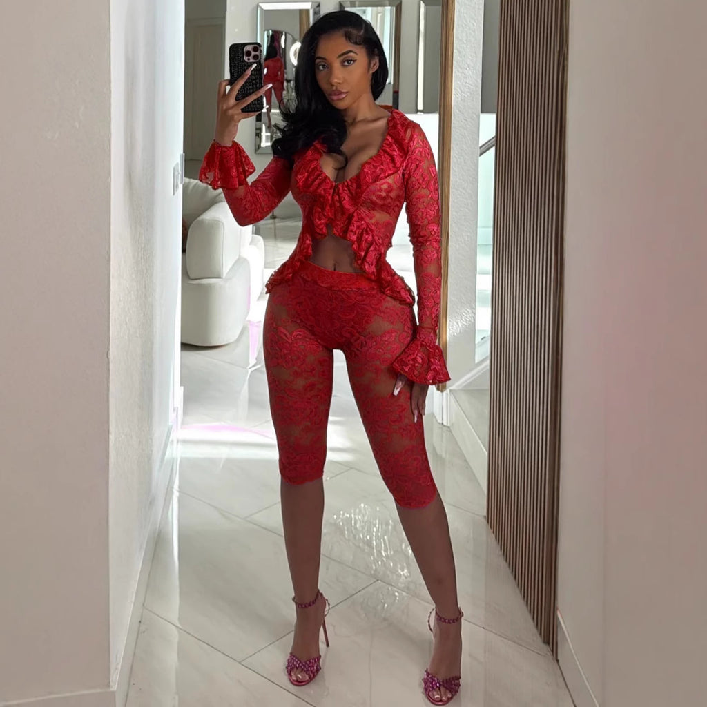 Spring New Pure Color Girl Hollow Lace Two-piece Suit