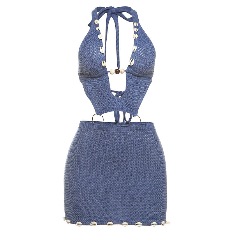 Spring New Knitted Sexy Beaded Slim Fit Hollow Dress