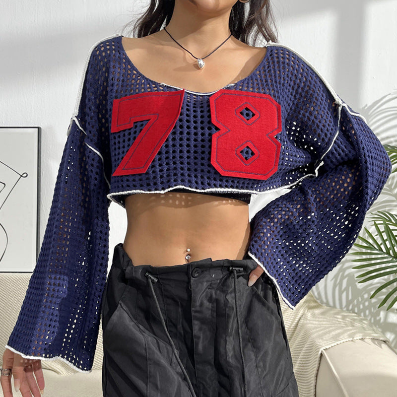 Women's Flared Sleeve Cropped Sexy Short Casual Hollow Sweater