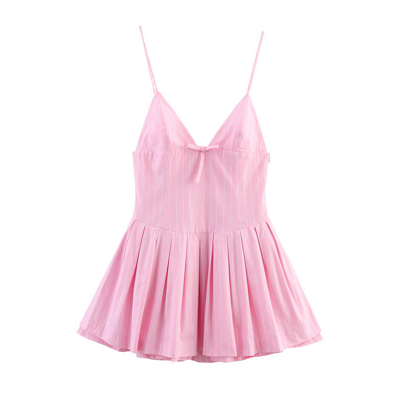 Bow Decoration Striped Short Style Sling Dress