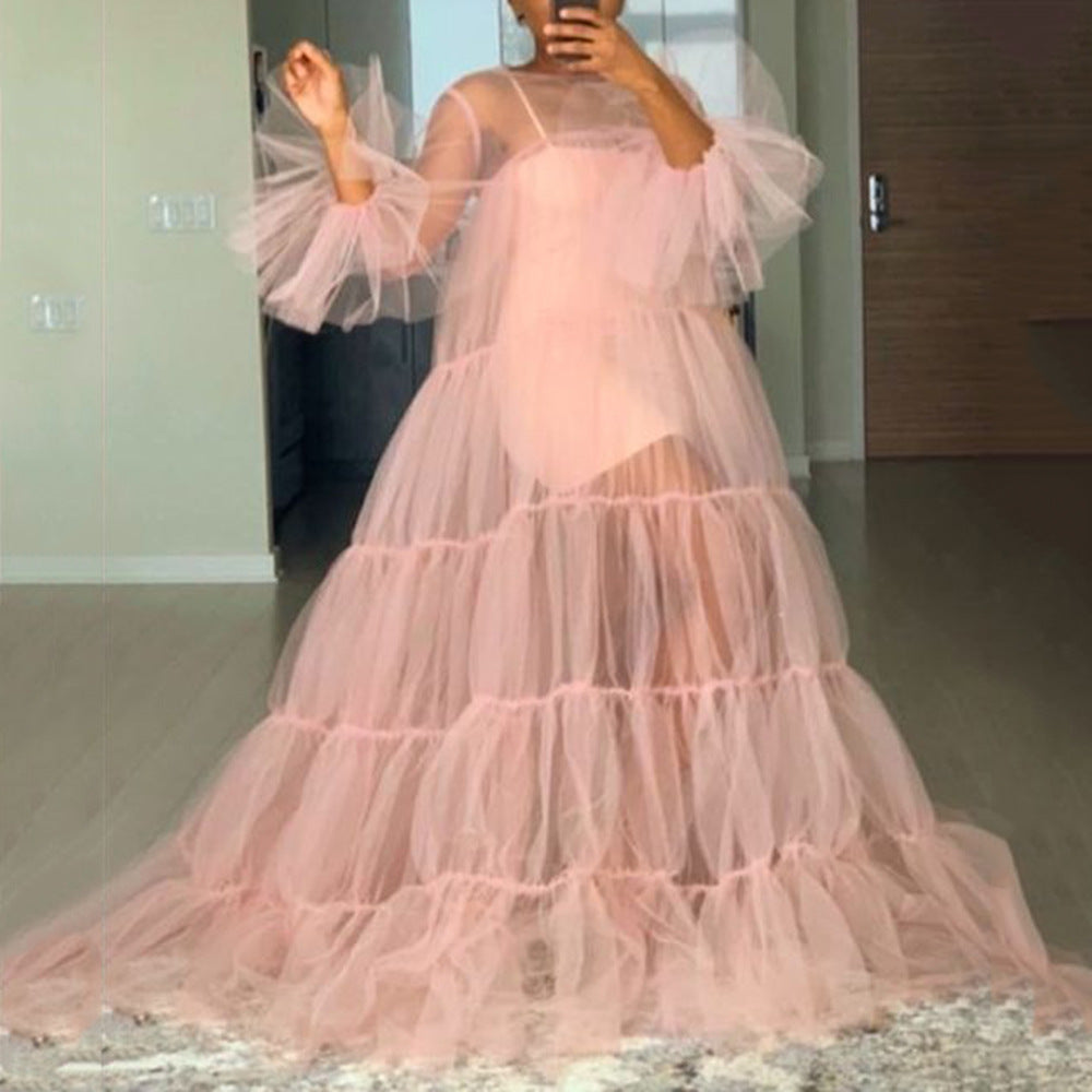 Spring And Summer New Women's Clothes Straps Tulle Long Sleeve Big Hem Dress