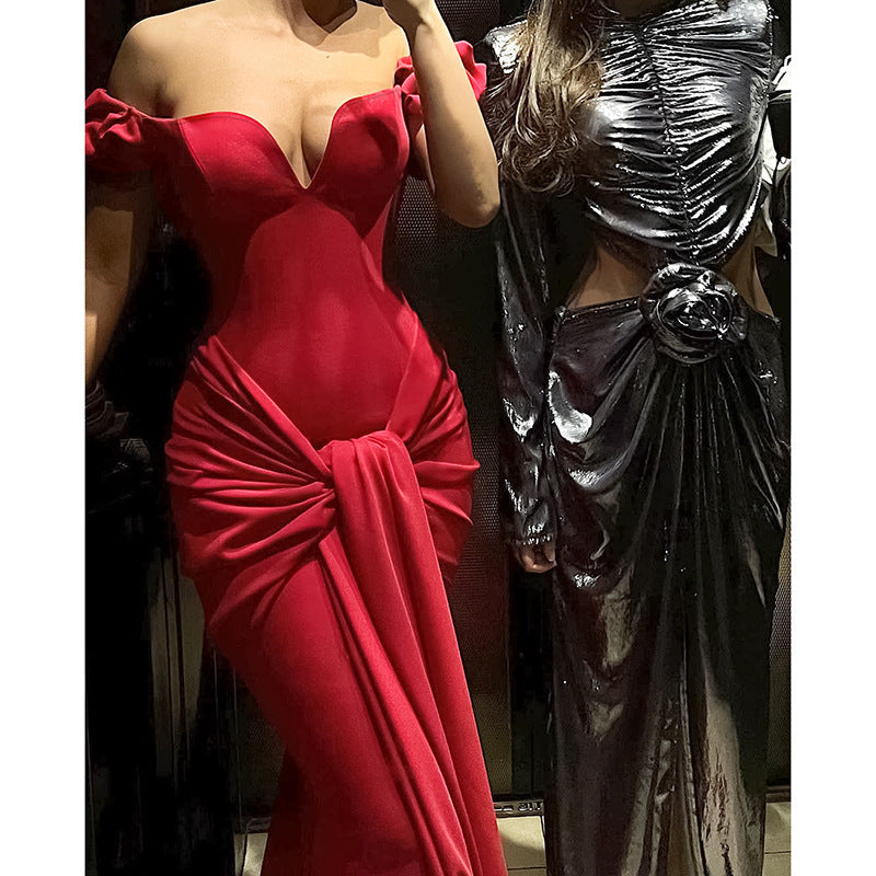 Off-shoulder V-neck Dress Women