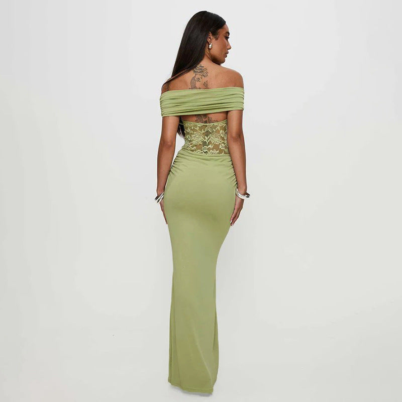 Women's Solid Color Off-the-shoulder Stitching Lace Extra Long Dress