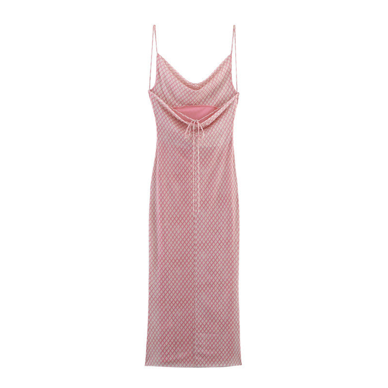Printed Silk Net Draped Collar Sling Length Dress