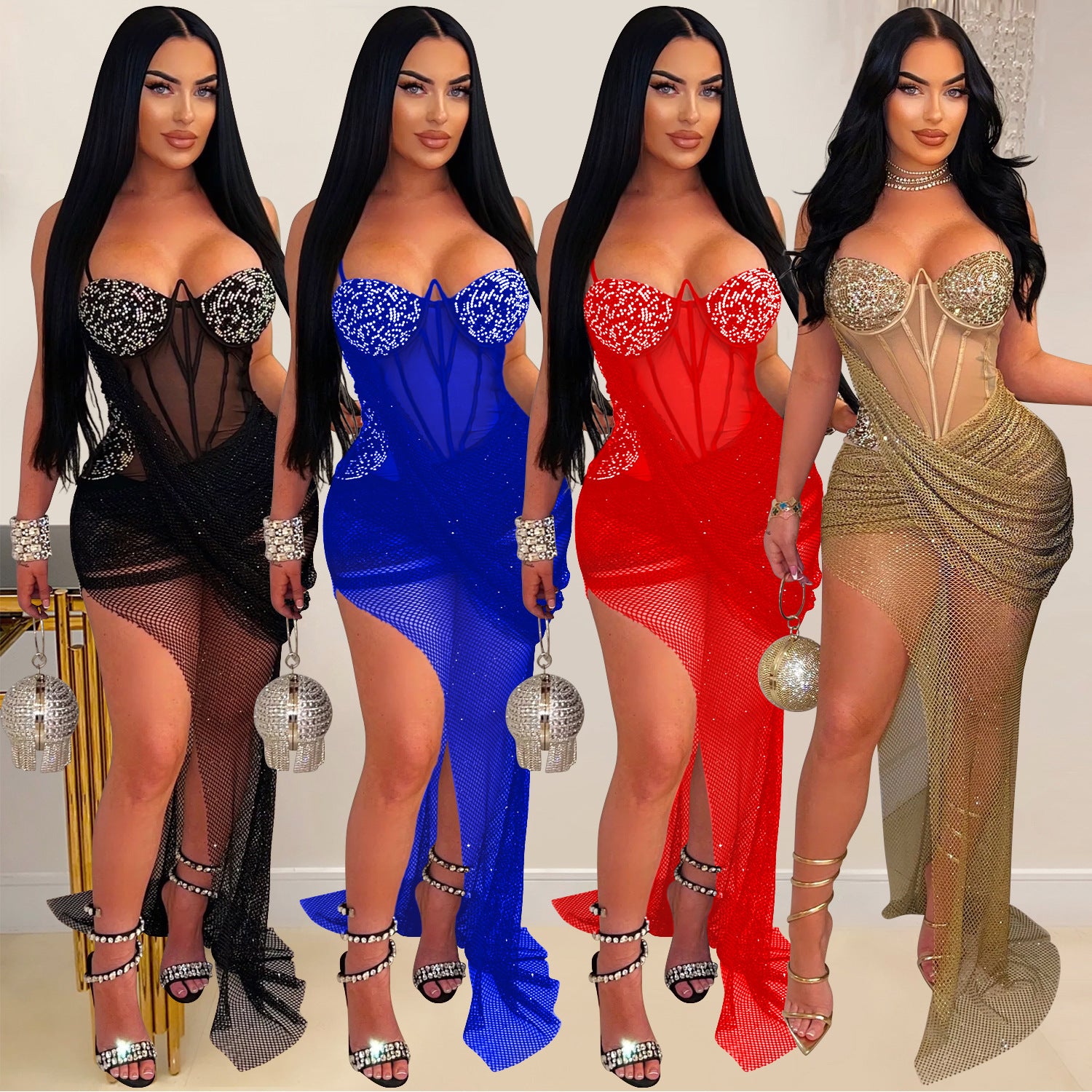 Women's Wear Sexy Mesh Rhinestone Sling Dress