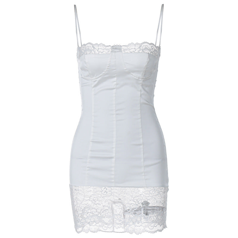 Lace Stitching Sexy Hot Girl Tight-fitting Cinched Hip Spaghetti Straps Dress