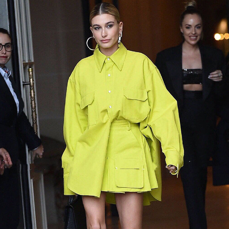 Yellow Suit Loose Stand Collar Drop Shoulder Sleeve Shirt High Waist Short Skirt Set