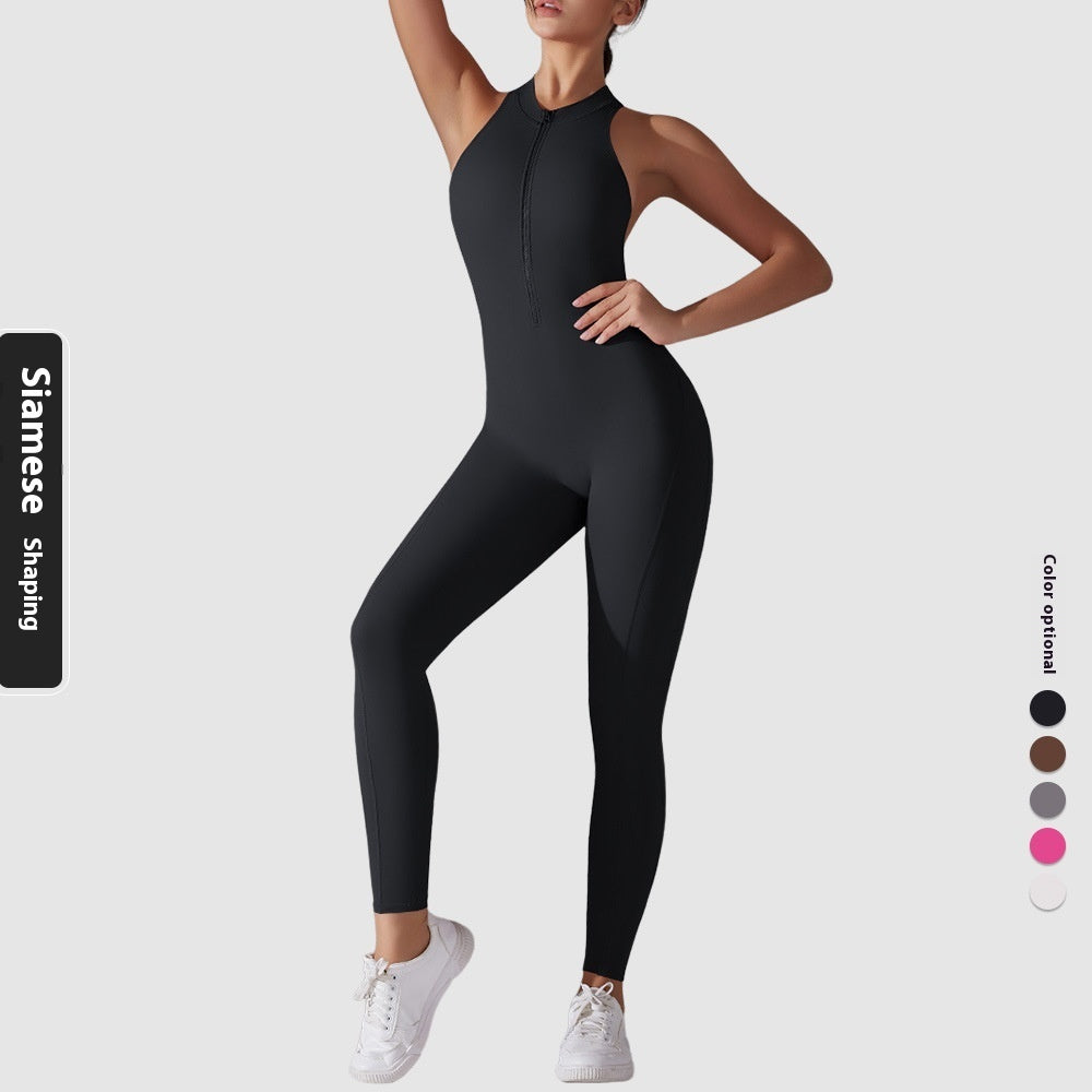 Solid Color Nude Feel High Strength Tight Sports Back Shaping Long Jumpsuit