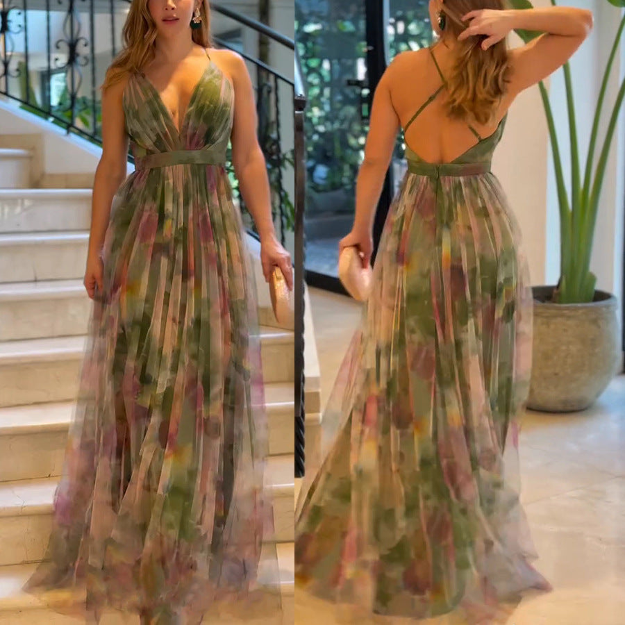 Women's Mesh Floral Print Suspender Dress