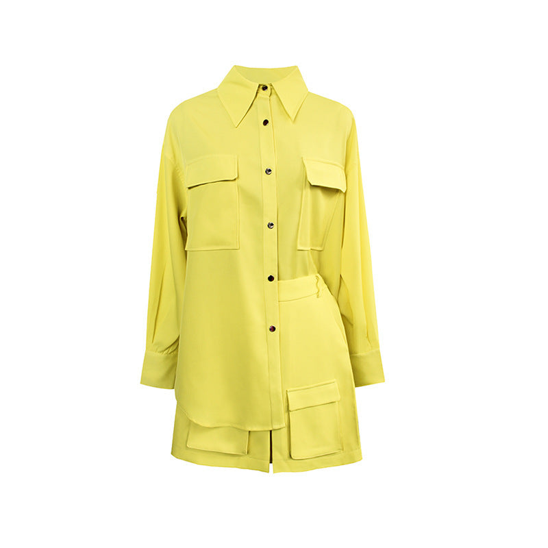 Yellow Suit Loose Stand Collar Drop Shoulder Sleeve Shirt High Waist Short Skirt Set