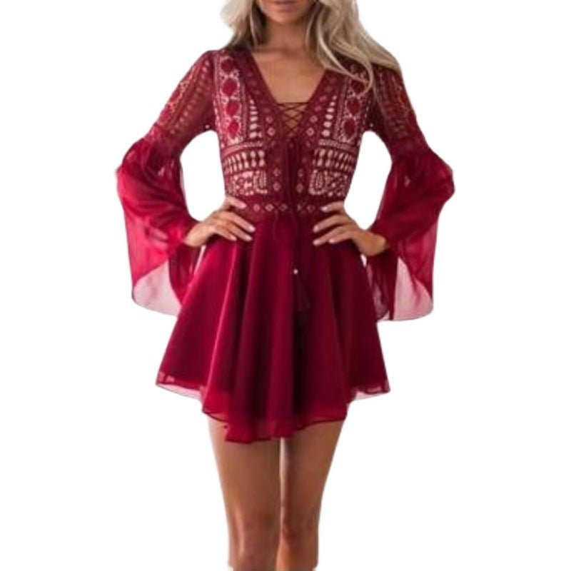 Long Sleeve V-neck Lace Up Hollow Dress Short