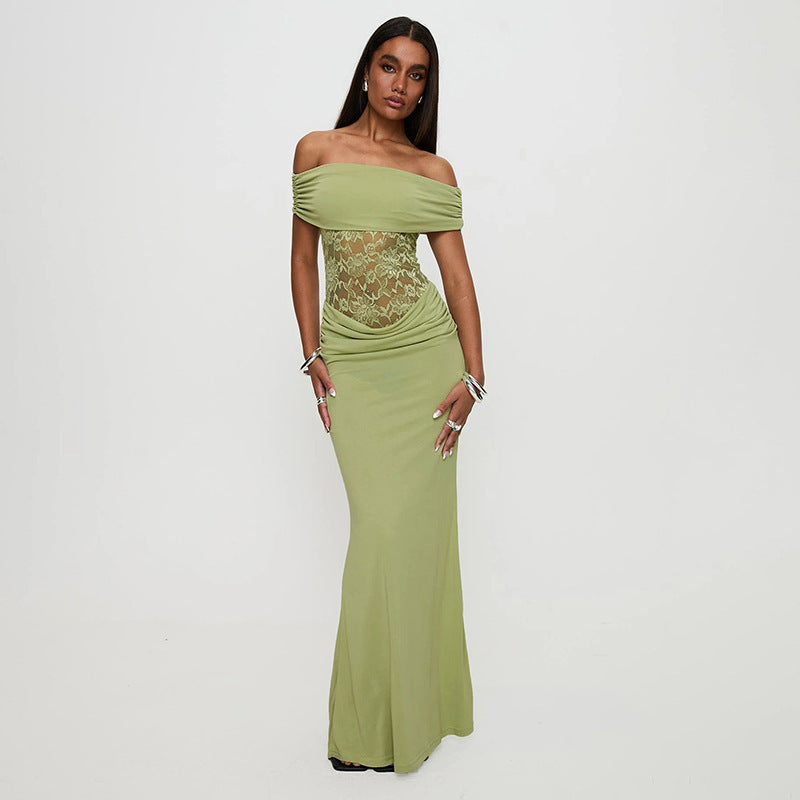 Women's Solid Color Off-the-shoulder Stitching Lace Extra Long Dress
