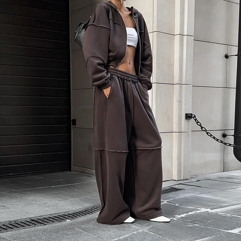 Long Sleeve Zipper Coat Casual Loose Trousers Suit Women