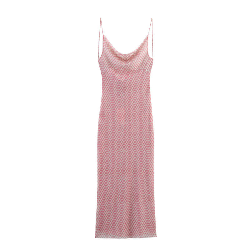 Printed Silk Net Draped Collar Sling Length Dress