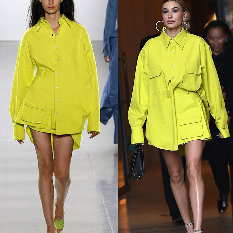 Yellow Suit Loose Stand Collar Drop Shoulder Sleeve Shirt High Waist Short Skirt Set