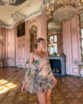 Chiffon Printed Ruffled Cloak Wrapped Chest A- Line Dress