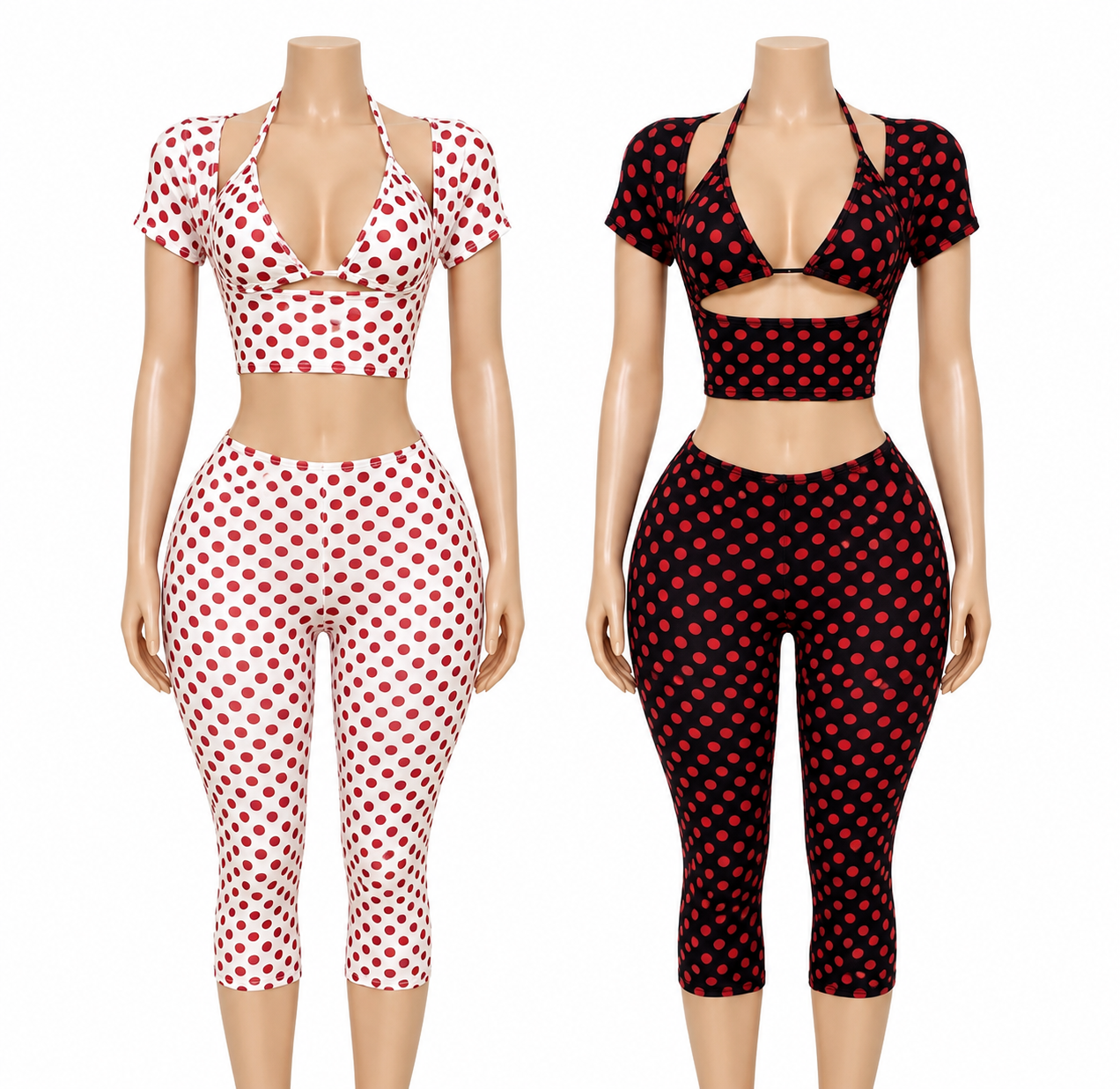 Two mannequin torsos wearing matching two-piece outfits with short-sleeve halter crop tops and high-waisted capri leggings in polka-dot patterns. The left outfit is white with red polka dots, and the right outfit is black with red polka dots.