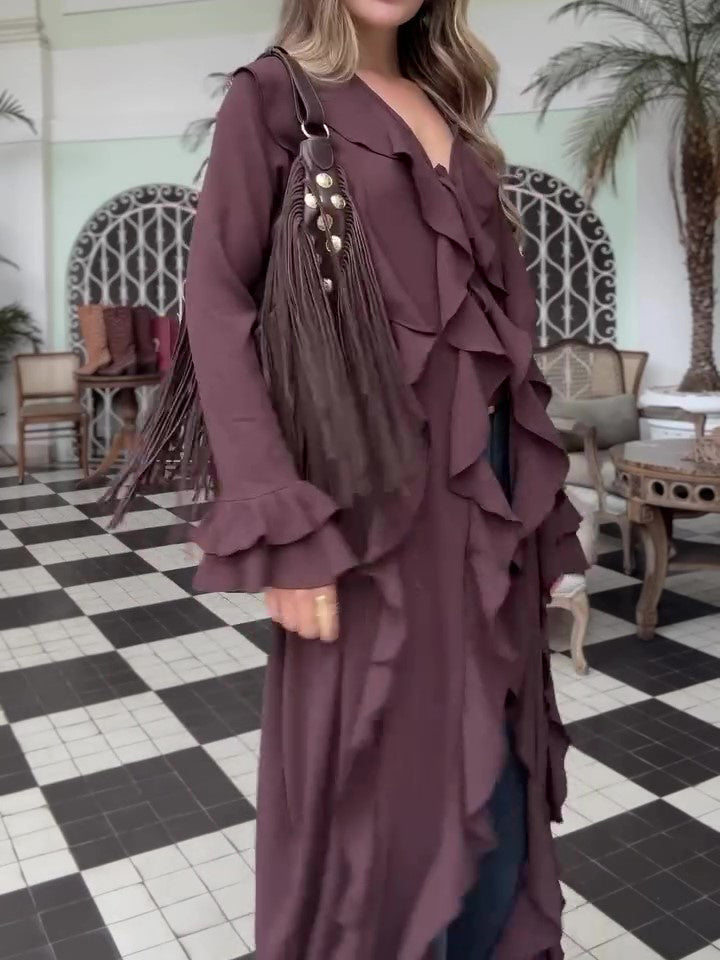 Bohemian Ruffled Long Sleeve Maxi Cardigan Top