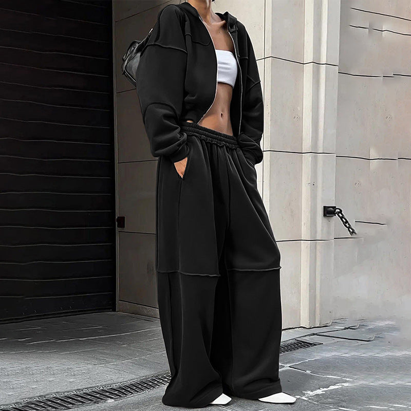 Long Sleeve Zipper Coat Casual Loose Trousers Suit Women