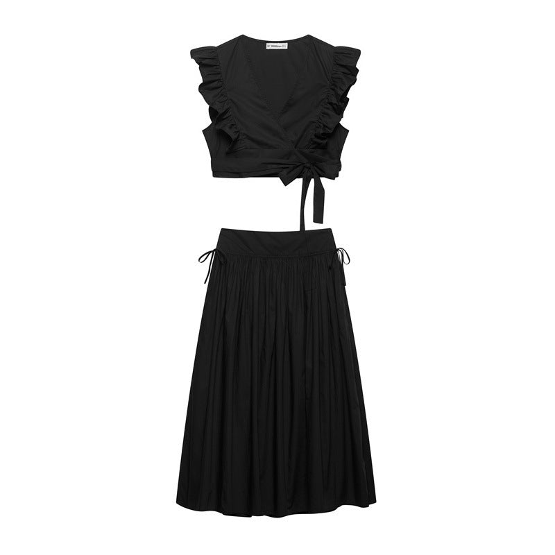 Vintage Wrap Short Top Poplin Skirt Two-piece Set
