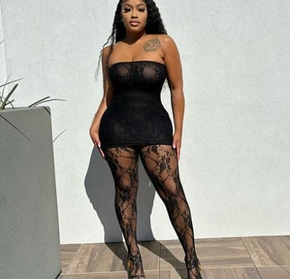 Sexy Cutout Lace See-through Chest-wrapped Dress Trousers Two-piece Set